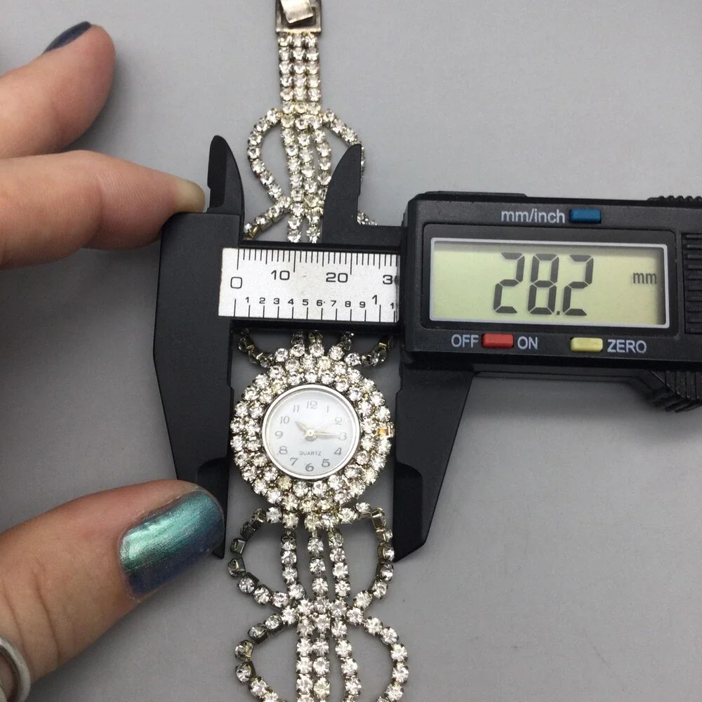 Rhinestone Cocktail Womens Watch 28mm White Dial Silver Tone New Battery 7.5